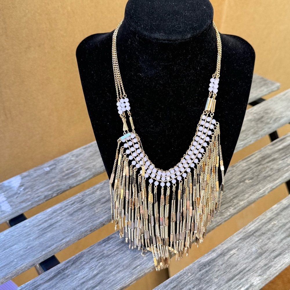 Elegant Gold and White Fringe Necklace